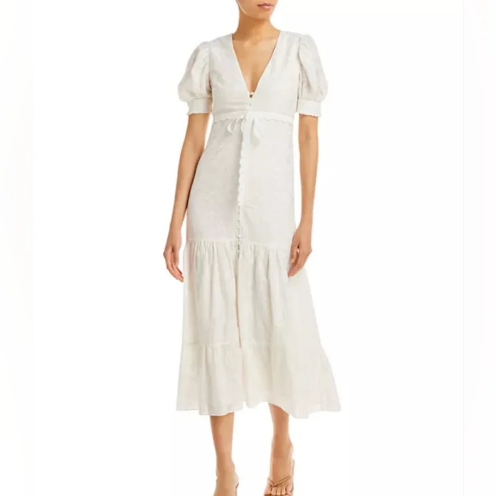 NWOT Alice & Olivia White Puff Sleeve Cotton Embroidered Midi Dress Sz 6 - Picture 1 of 8